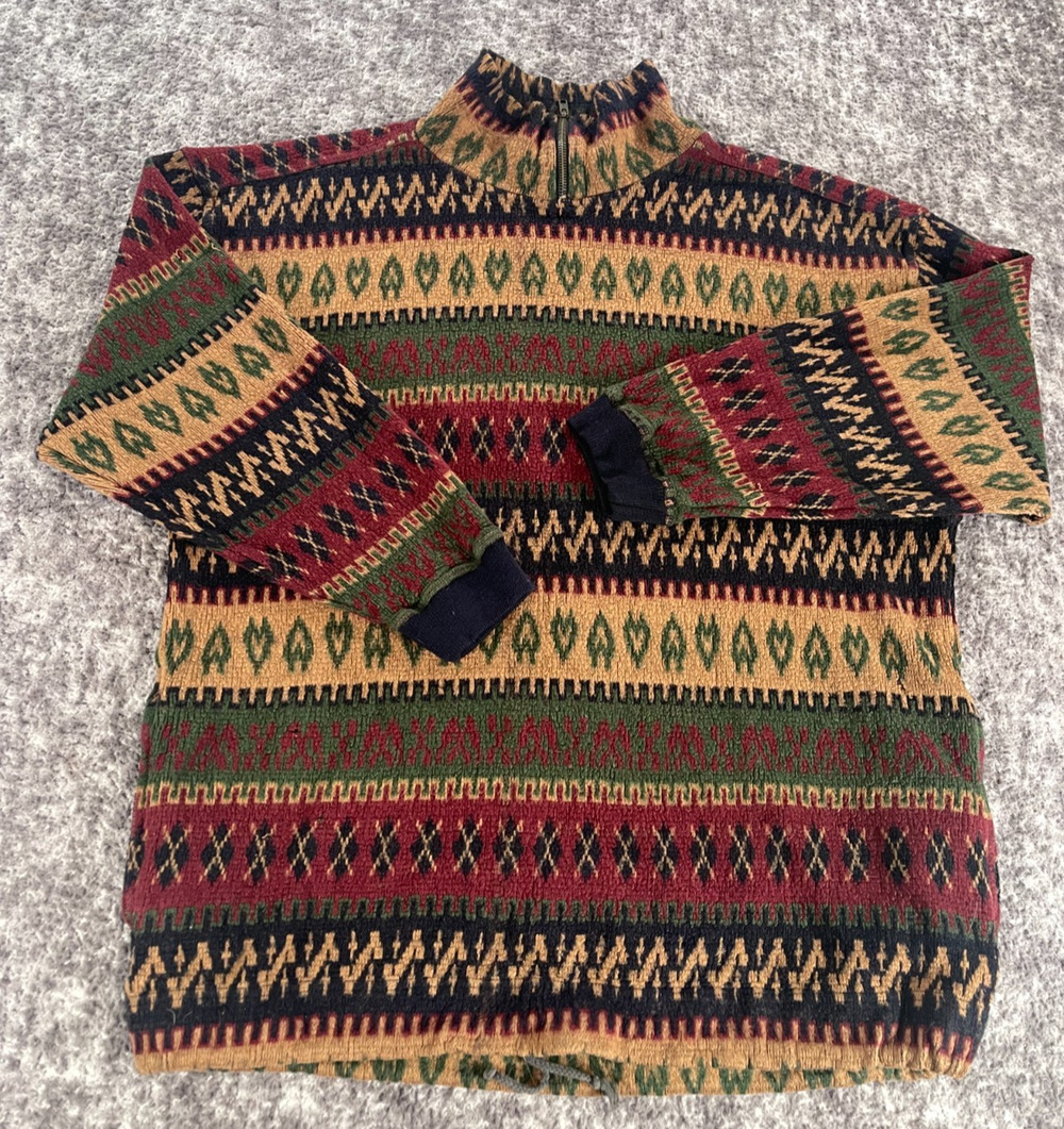 Vtg Sasson Sweater Mens XL Brown Geometric 1/4 Zip Pullover Drawstring Pockets